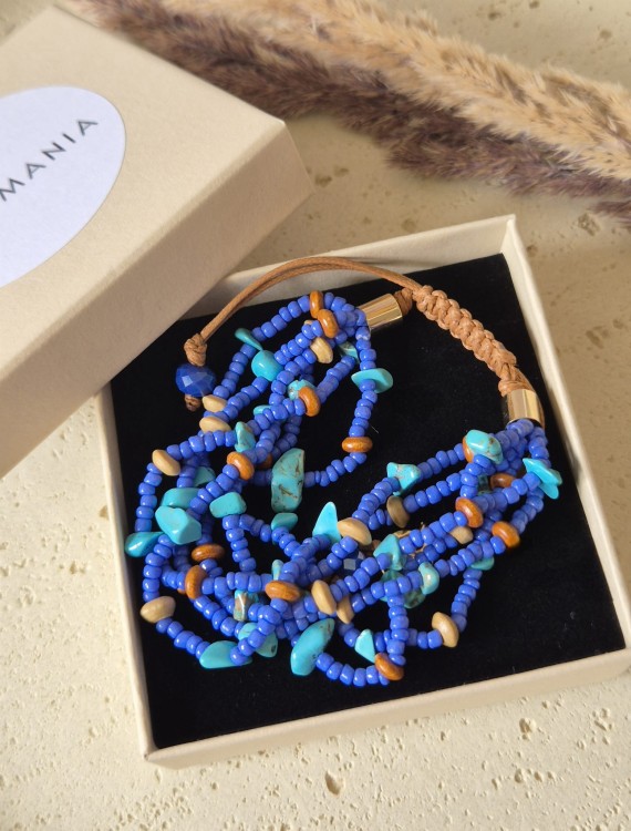 Bransoletka Boho z naturalnym drewnem i turkusem – Niebieska | Antyalergiczna i regulowana