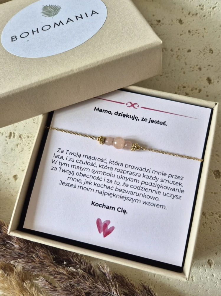 Bransoletka z różowym kryształem i 16K złotem| Biżuteria na Dzień Mamy z Dedykacją | Prezent dla Mamy