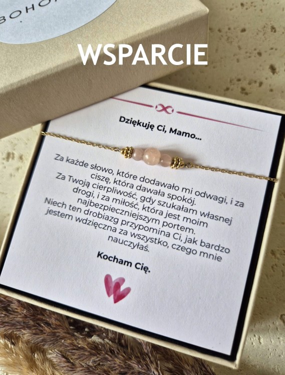 Bransoletka z różowym kryształem i 16K złotem| Biżuteria na Dzień Mamy z Dedykacją | Prezent dla Mamy