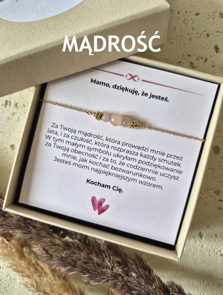 Bransoletka z różowym kryształem i 16K złotem| Biżuteria na Dzień Mamy z Dedykacją | Prezent dla Mamy