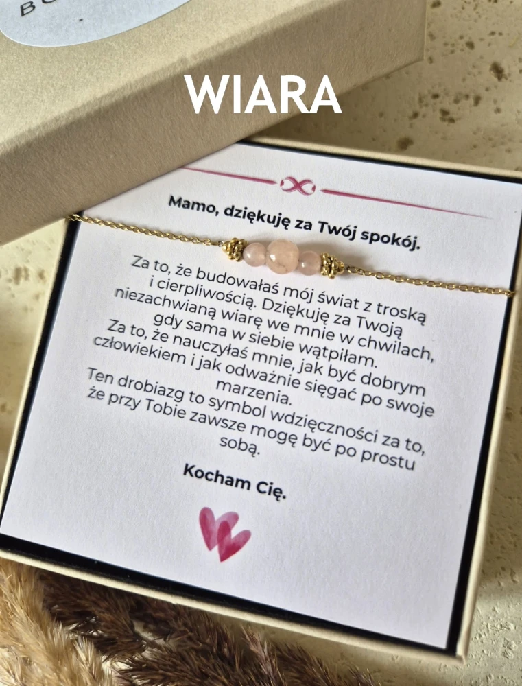 Bransoletka z różowym kryształem i 16K złotem| Biżuteria na Dzień Mamy z Dedykacją | Prezent dla Mamy