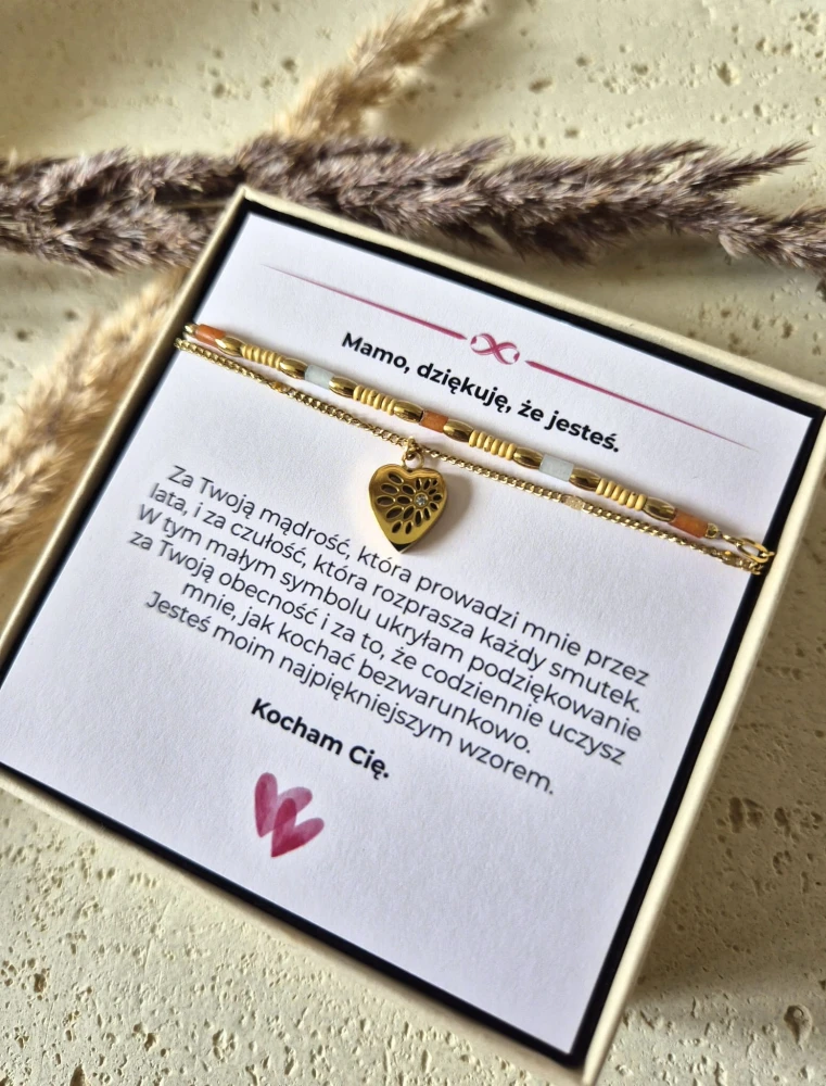 Podwójna Bransoletka Jadeit i Awenturyn Serce złocone 16K | Biżuteria na Dzień Mamy | Prezent z dedykacją