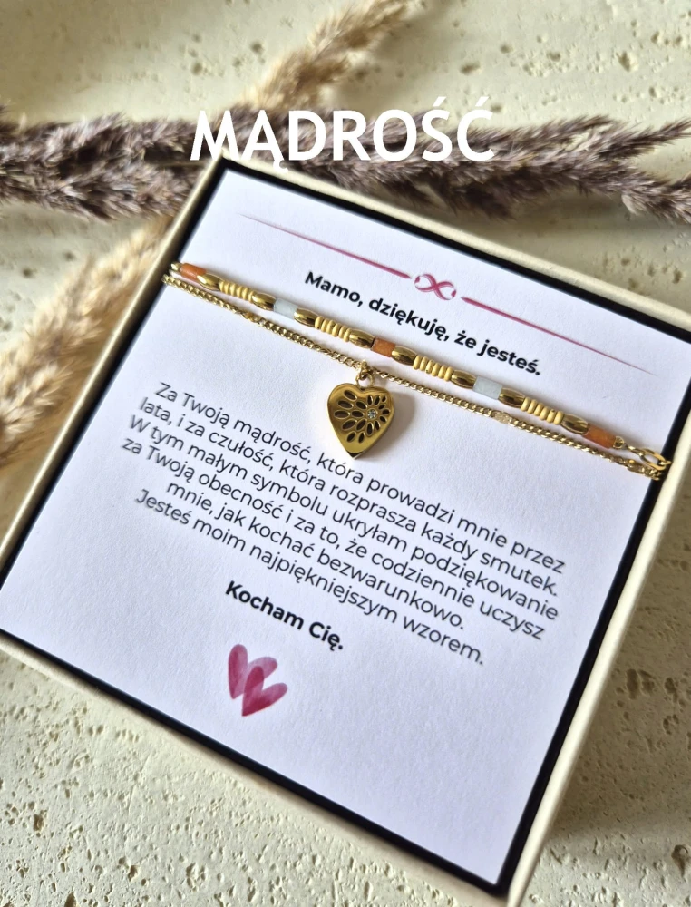 Podwójna Bransoletka Jadeit i Awenturyn Serce złocone 16K | Biżuteria na Dzień Mamy | Prezent z dedykacją