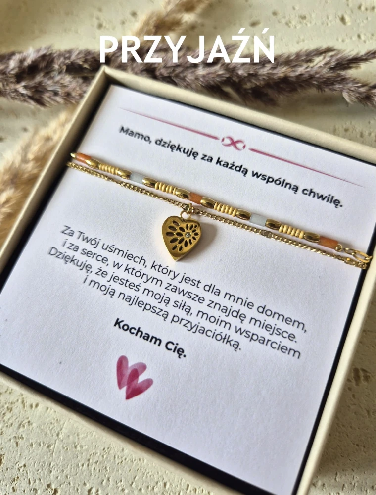 Podwójna Bransoletka Jadeit i Awenturyn Serce złocone 16K | Biżuteria na Dzień Mamy | Prezent z dedykacją