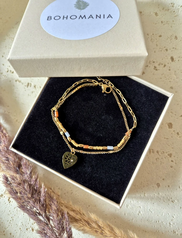 Podwójna Bransoletka Jadeit i Awenturyn Serce złocone 16K | Biżuteria na Dzień Mamy | Prezent z dedykacją