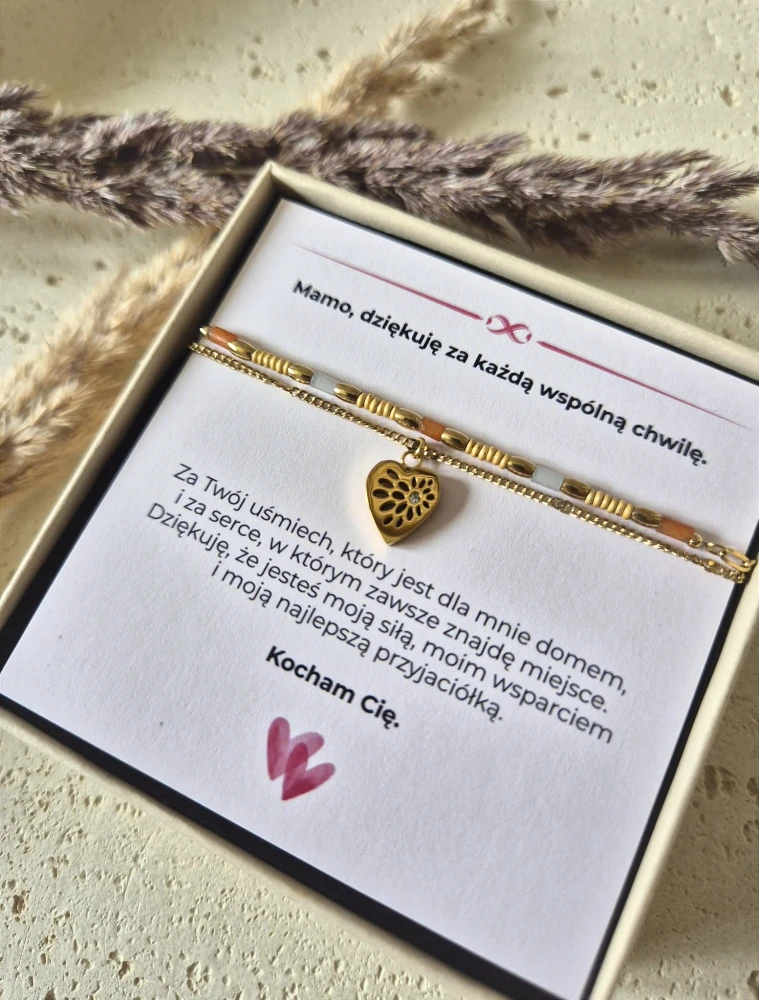 Podwójny Naszyjnik Jadeit i Awenturyn Serce złocone 16K | Biżuteria na Dzień Mamy | Prezent z dedykacją