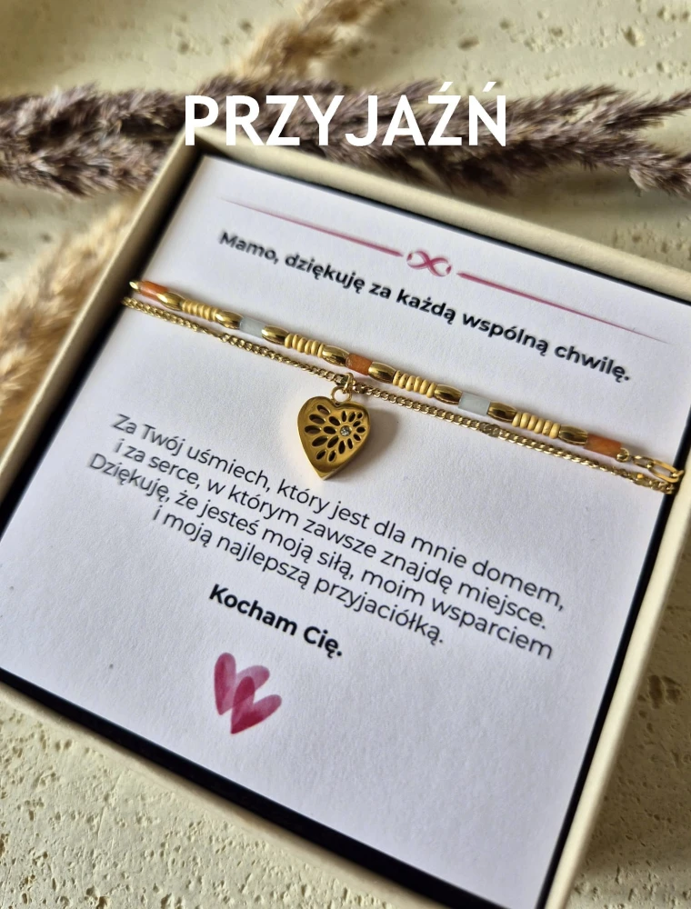 Podwójny Naszyjnik Jadeit i Awenturyn Serce złocone 16K | Biżuteria na Dzień Mamy | Prezent z dedykacją