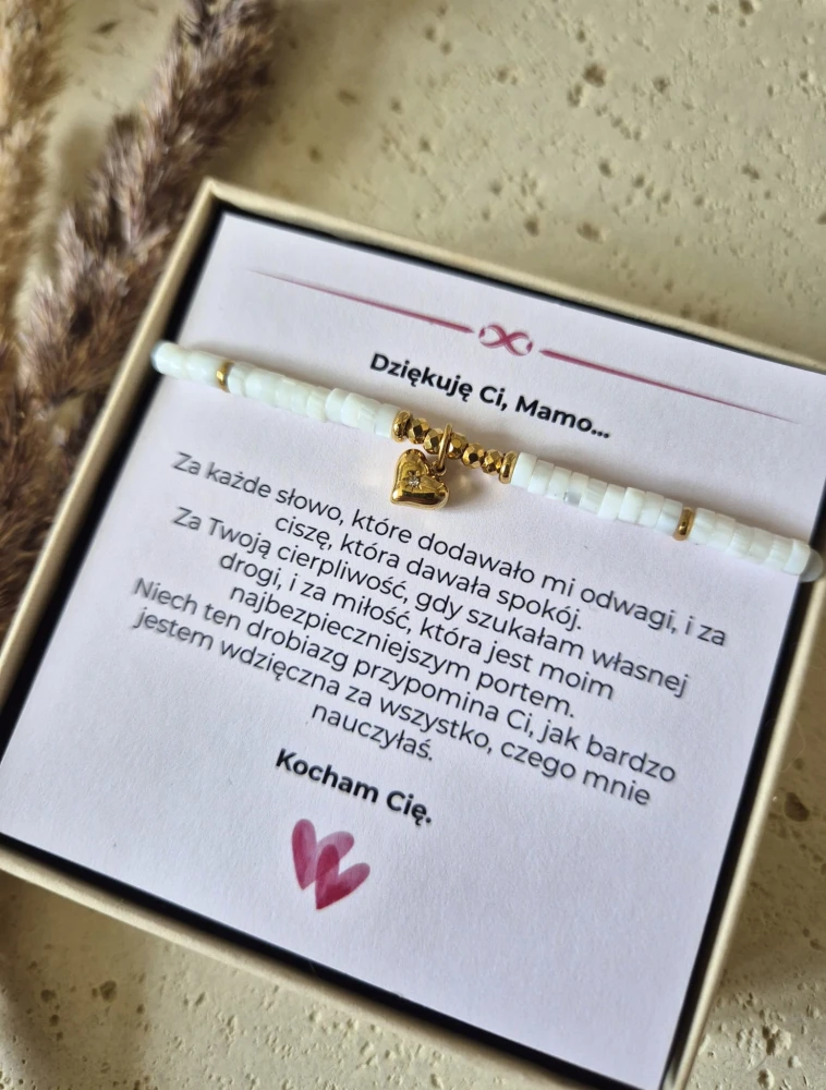Bransoletka z Sercem Muszla Naturalna Pozłacana 16K | Biżuteria na Dzień Mamy | Prezent z Dedykacją