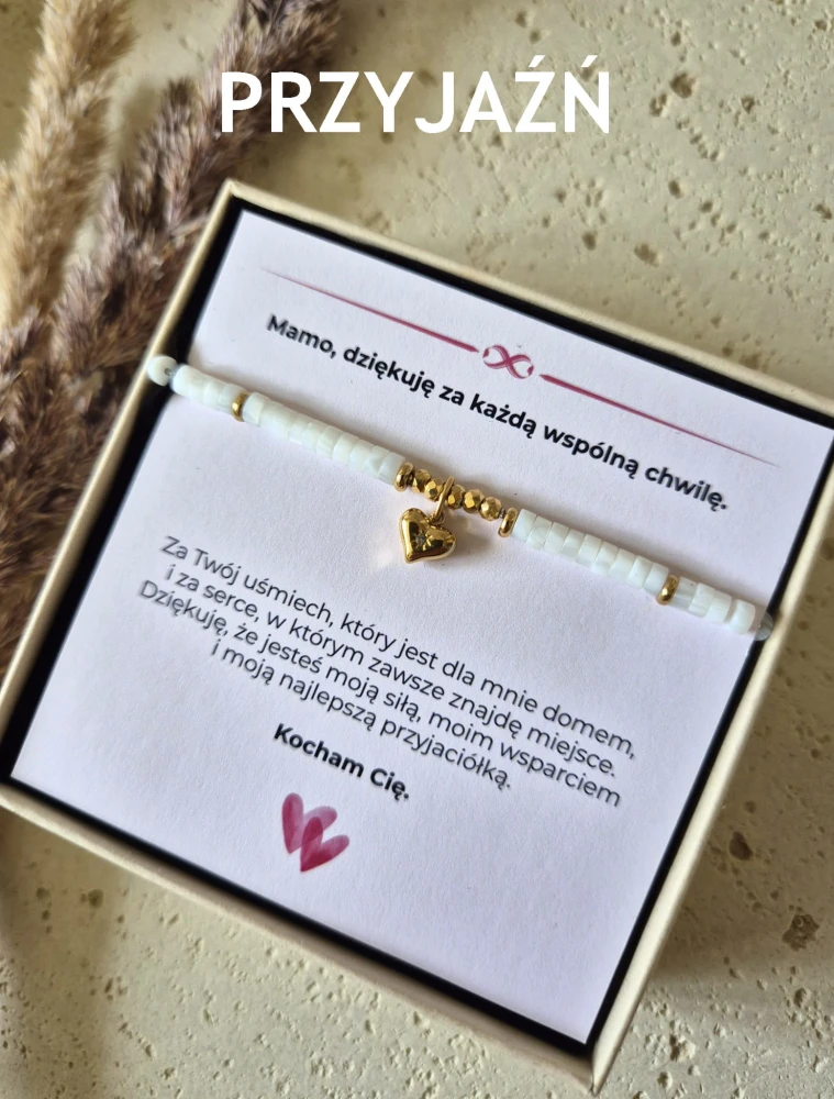 Bransoletka z Sercem Muszla Naturalna Pozłacana 16K | Biżuteria na Dzień Mamy | Prezent z Dedykacją