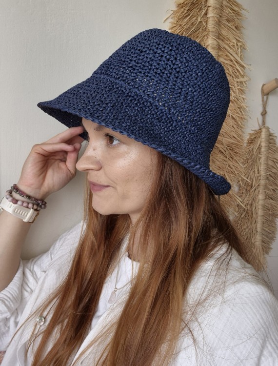 Ażurowy Bucket Hat ELBA na lato | Granatowy Letni Kapelusz Damski (Regulowany