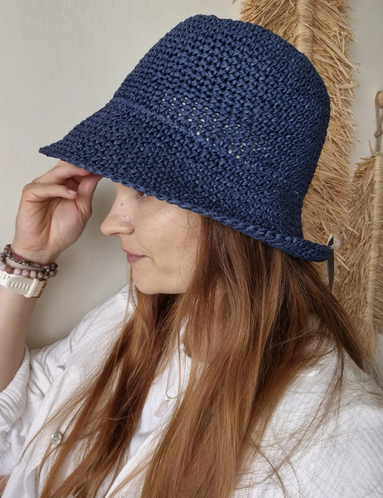 Ażurowy Bucket Hat ELBA na lato | Granatowy Letni Kapelusz Damski (Regulowany