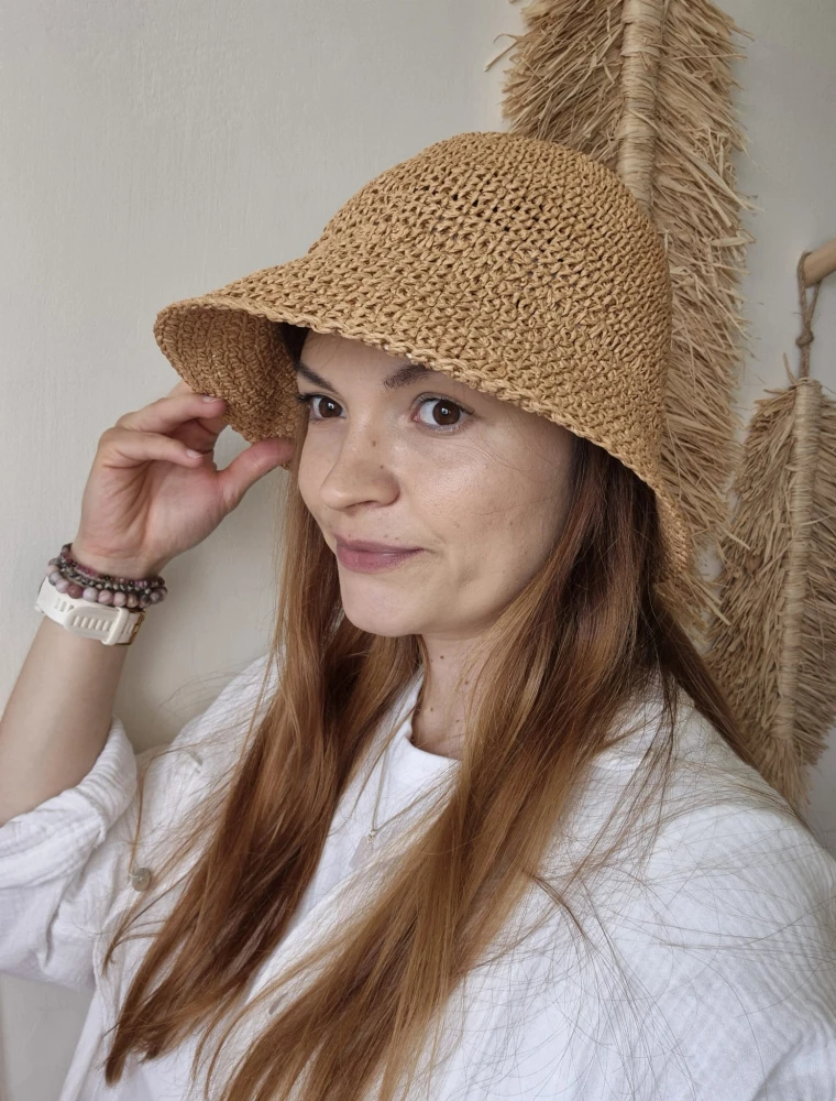 Ażurowy Bucket Hat ELBA na lato | Brązowy Letni Kapelusz Damski (Regulowany)