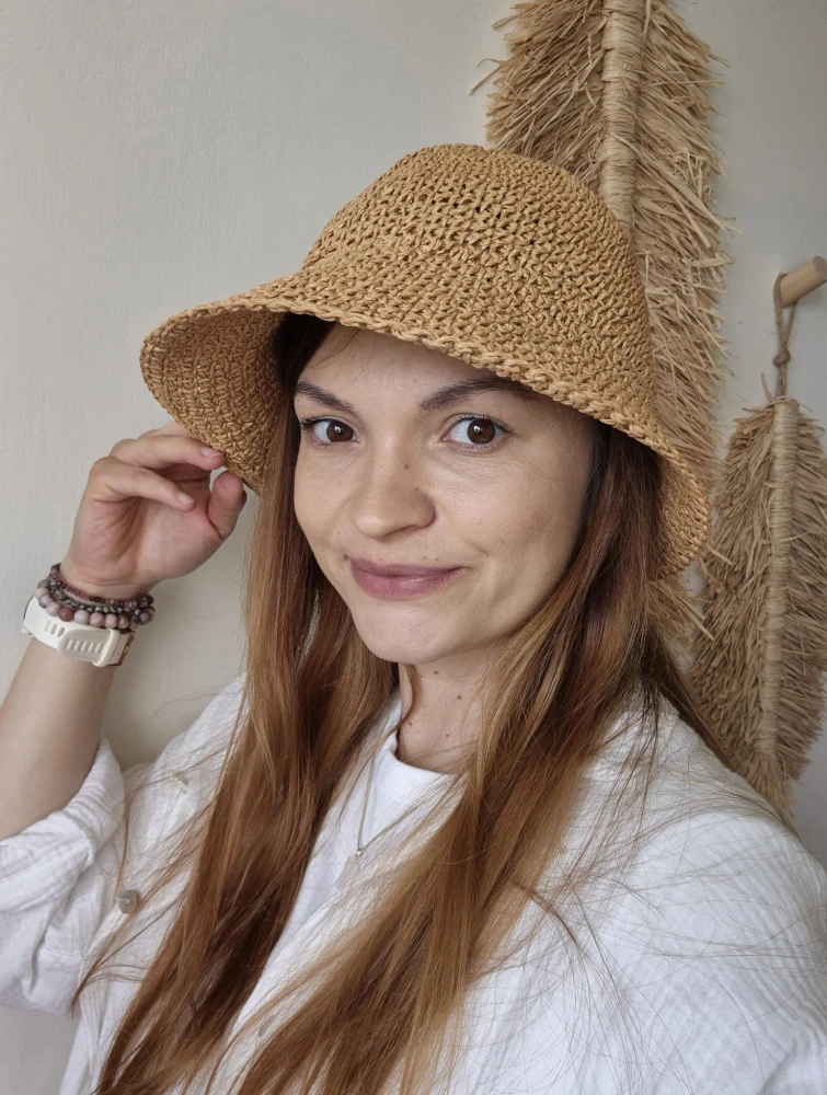 Ażurowy Bucket Hat ELBA na lato | Brązowy Letni Kapelusz Damski (Regulowany)