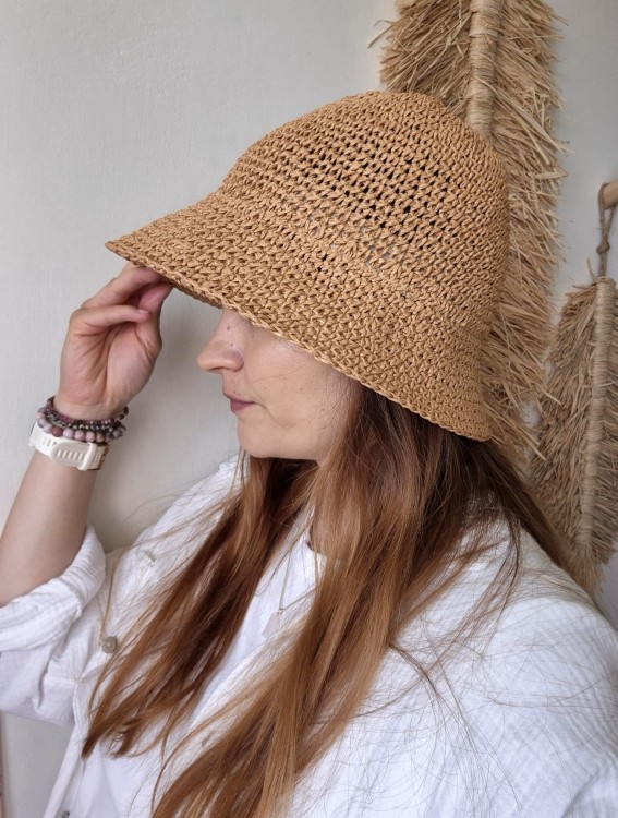 Ażurowy Bucket Hat ELBA na lato | Brązowy Letni Kapelusz Damski (Regulowany)