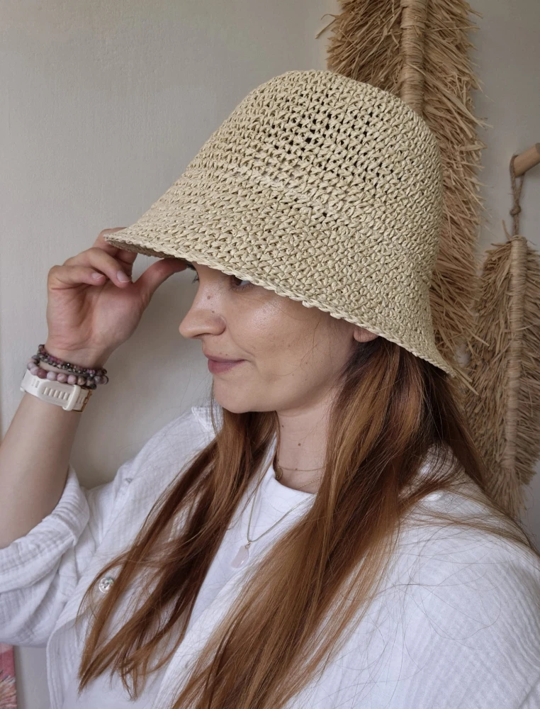 Ażurowy Bucket Hat ELBA na lato | Beżowy Letni Kapelusz Damski (Regulowany)