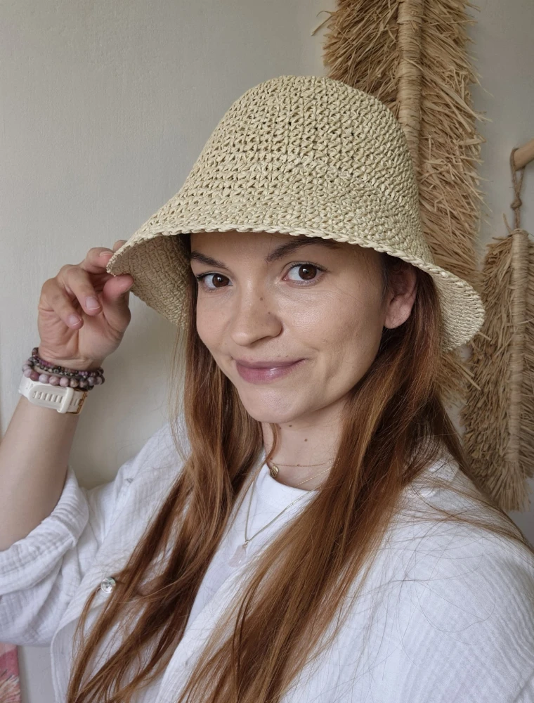Ażurowy Bucket Hat ELBA na lato | Beżowy Letni Kapelusz Damski (Regulowany)