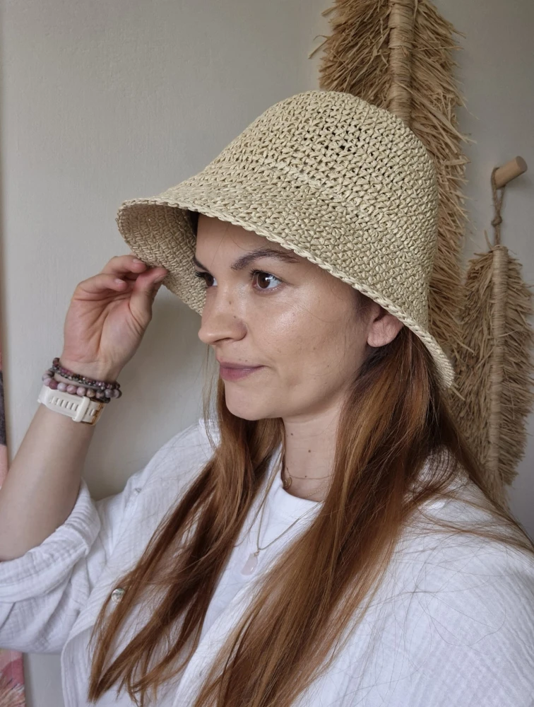 Ażurowy Bucket Hat ELBA na lato | Beżowy Letni Kapelusz Damski (Regulowany)