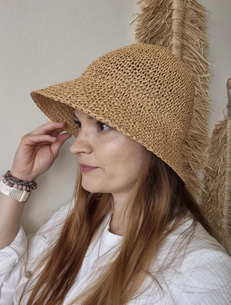 Ażurowy Bucket Hat ELBA na lato | Brązowy Letni Kapelusz Damski (Regulowany)