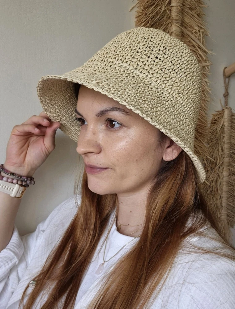 Ażurowy Bucket Hat ELBA na lato | Beżowy Letni Kapelusz Damski (Regulowany)