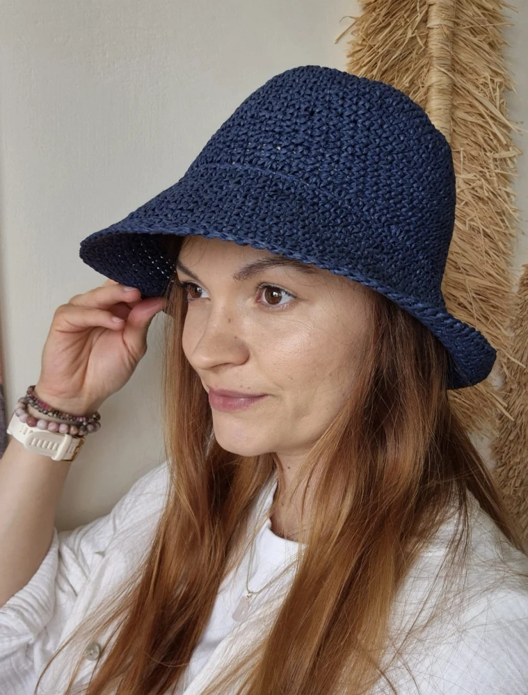 Ażurowy Bucket Hat ELBA na lato | Granatowy Letni Kapelusz Damski (Regulowany