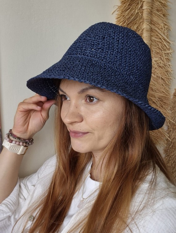 Ażurowy Bucket Hat ELBA na lato | Granatowy Letni Kapelusz Damski (Regulowany