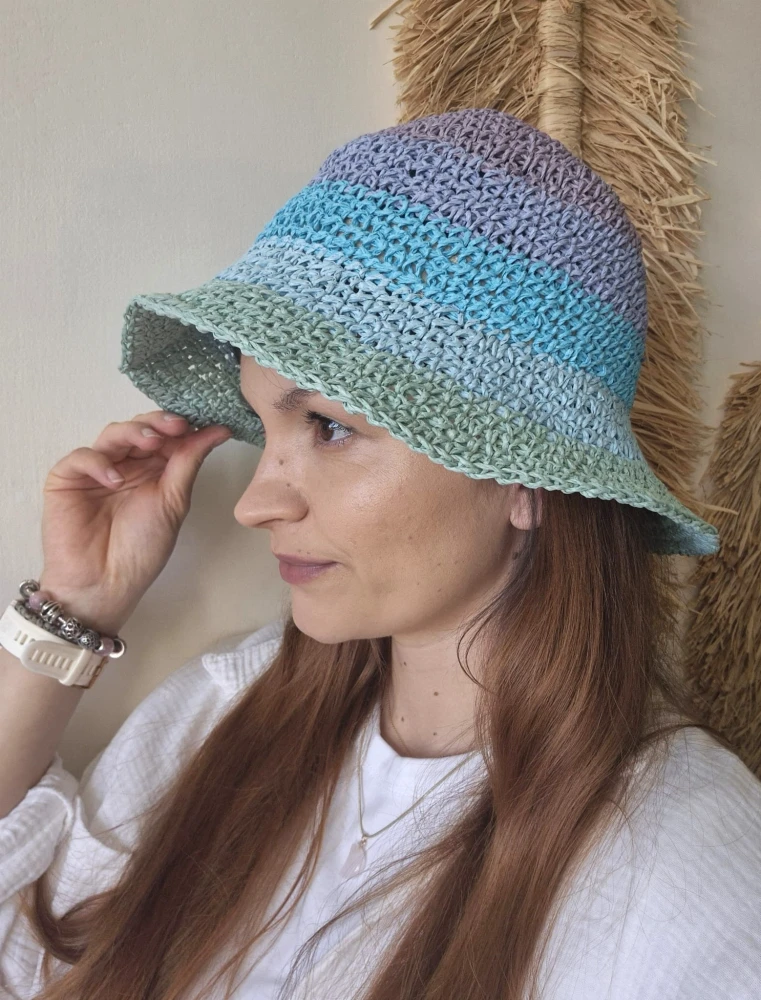Ażurowy przewiewny Bucket Hat SUMMER na lato | Regulowany Niebieski Letni Kapelusz Damski