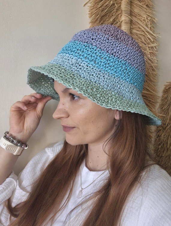 Ażurowy przewiewny Bucket Hat SUMMER na lato | Regulowany Niebieski Letni Kapelusz Damski