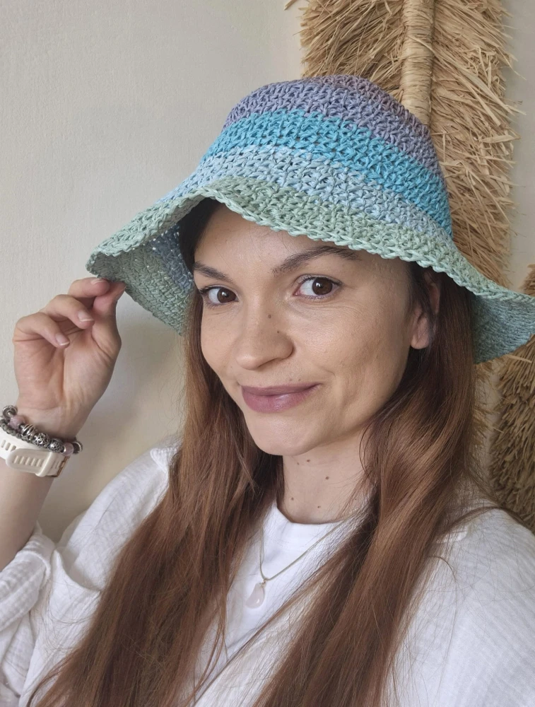 Ażurowy przewiewny Bucket Hat SUMMER na lato | Regulowany Niebieski Letni Kapelusz Damski
