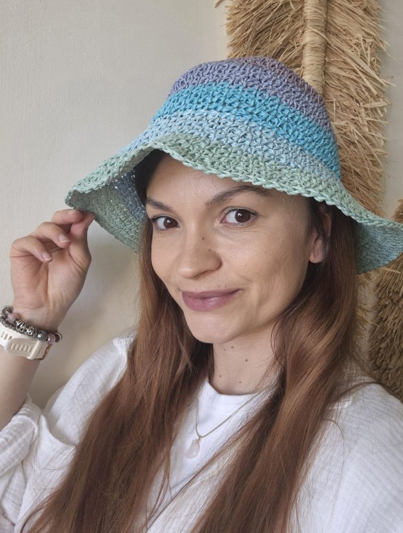 Ażurowy przewiewny Bucket Hat SUMMER na lato | Regulowany Niebieski Letni Kapelusz Damski