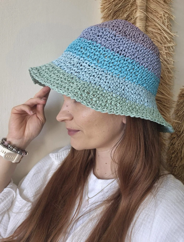Ażurowy przewiewny Bucket Hat SUMMER na lato | Regulowany Niebieski Letni Kapelusz Damski