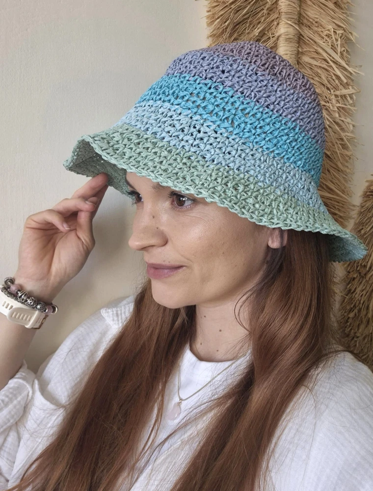 Ażurowy przewiewny Bucket Hat SUMMER na lato | Regulowany Niebieski Letni Kapelusz Damski