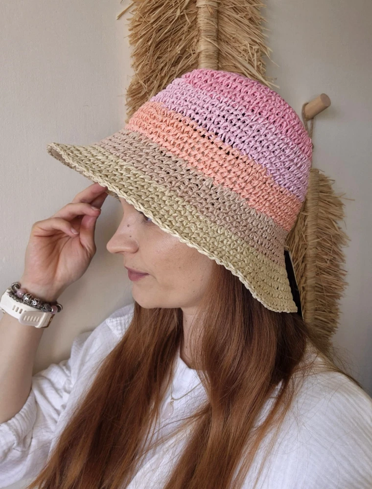 Ażurowy przewiewny Bucket Hat SUMMER na lato | Regulowany Różowy Letni Kapelusz Damski