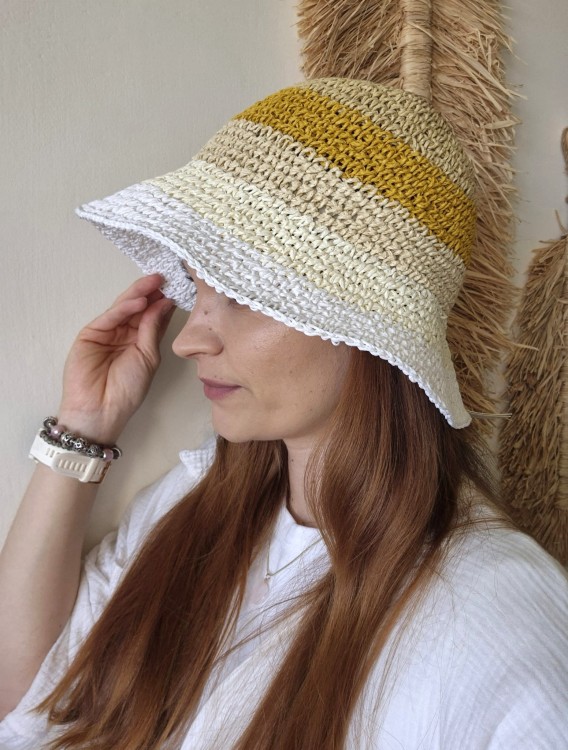 Ażurowy przewiewny Bucket Hat SUMMER na lato | Regulowany Beżowy Letni Kapelusz Damski
