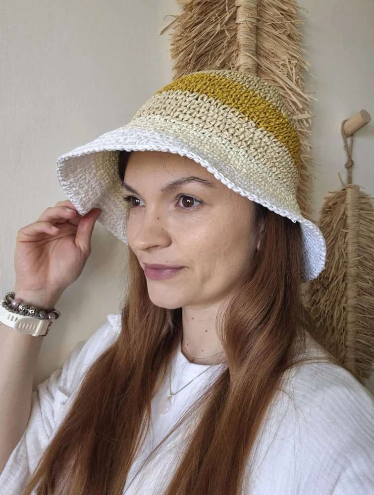 Ażurowy przewiewny Bucket Hat SUMMER na lato | Regulowany Beżowy Letni Kapelusz Damski