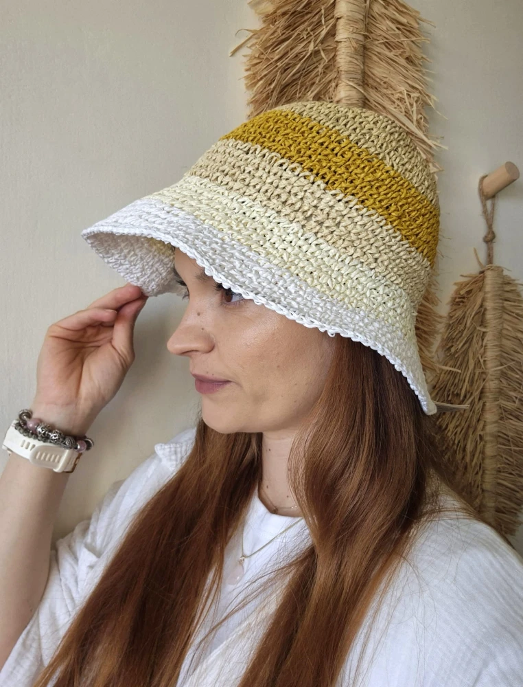 Ażurowy przewiewny Bucket Hat SUMMER na lato | Regulowany Beżowy Letni Kapelusz Damski