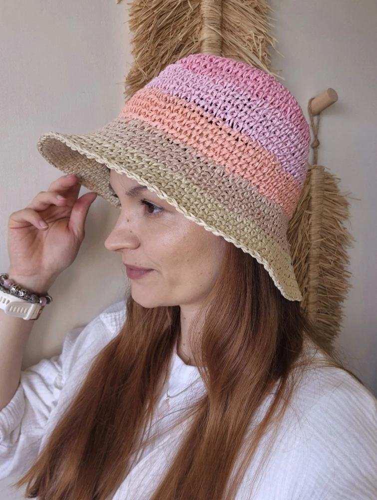 Ażurowy przewiewny Bucket Hat SUMMER na lato | Regulowany Różowy Letni Kapelusz Damski