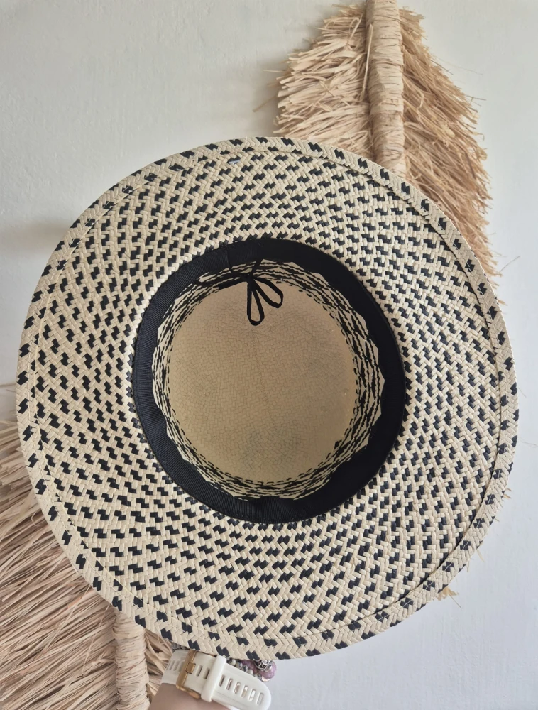 TULA Etno kapelusz boater czarno-biały | Damski sztywny kapelusz na lato | Obwód 54-57cm