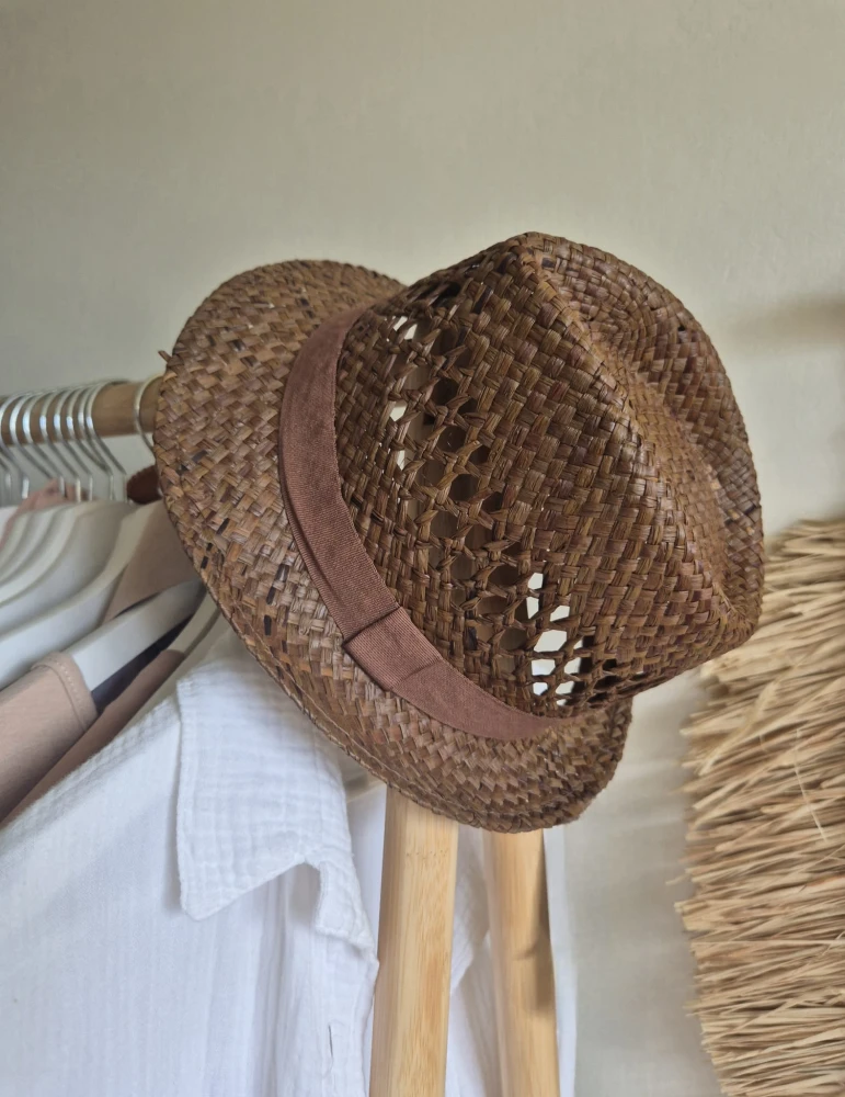 LUCA Lekki męski kapelusz typu trilby na lato | Ażurowy kapelusz z rafii | Kolor brązowy - Obwód 56-58cm