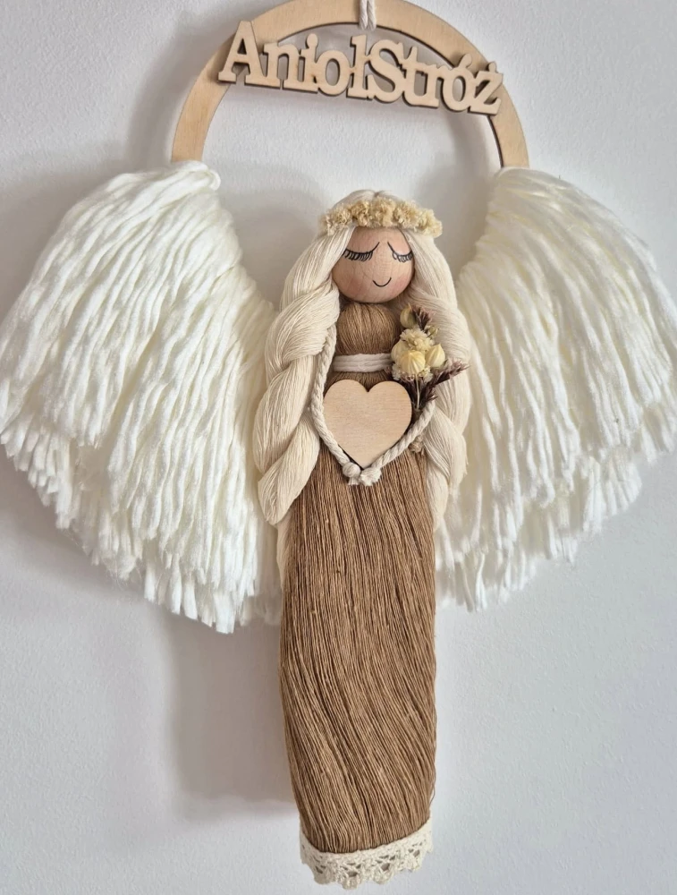 Anioł Stróż do powieszenia na ścianie - brązowy boho | Prezent parapetówka, ślub, komunia, chrzest, urodziny, rocznica