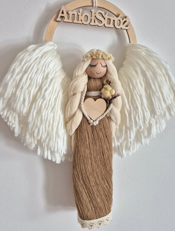 Anioł Stróż do powieszenia na ścianie - brązowy boho | Prezent parapetówka, ślub, komunia, chrzest, urodziny, rocznica