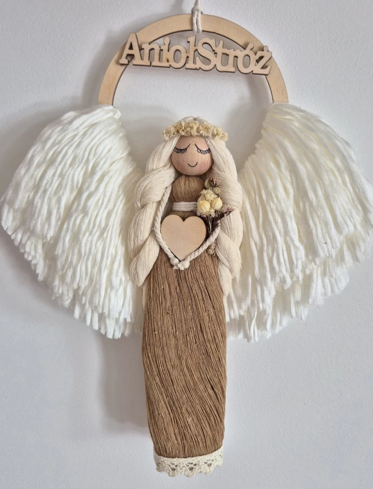 Anioł Stróż do powieszenia na ścianie - brązowy boho | Prezent parapetówka, ślub, komunia, chrzest, urodziny, rocznica