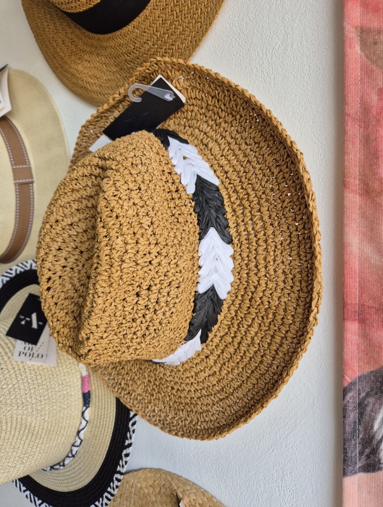 Fedora Natta - Damski kapelusz na lato/ Brązowy z motywem warkocza biało-czarnego 100% papier