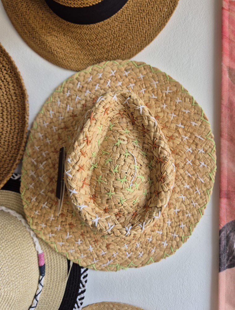 Panama Savana - Damski kapelusz na lato/Kolor jasny brąz z kolorowymi wstawkami 100% trawa