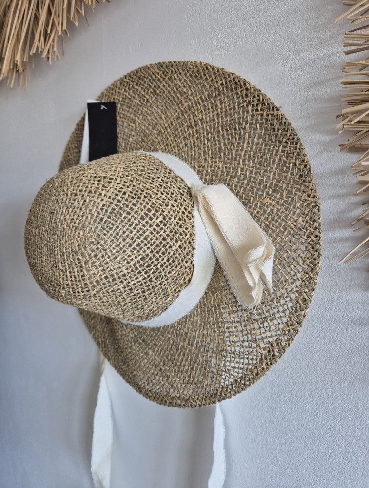 Summer Whisper - Damski kapelusz na lato z wiązaniem pod brodą/Kolor naturalny 100% trawa