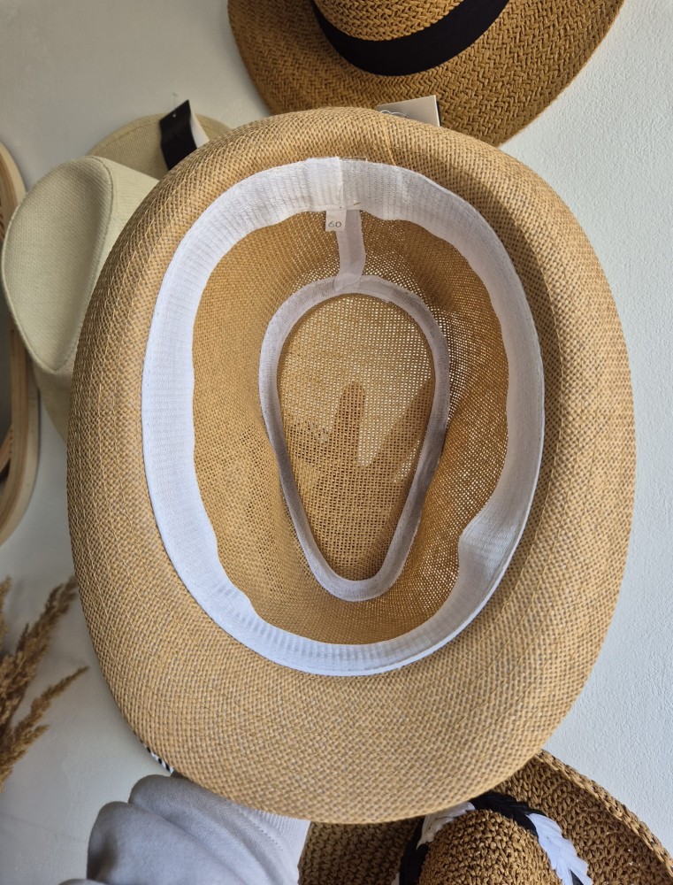 Trilby Breeze - Kapelusz na lato męski 60/Kolor brązowy z niebieską tasiemką 100% papier