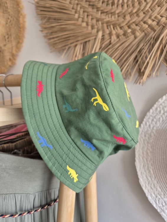 Dino Bucket - Kapelusz na lato dla dzieci 50-52/Kolor zielony z motywem dinozaurów 100% bawełna