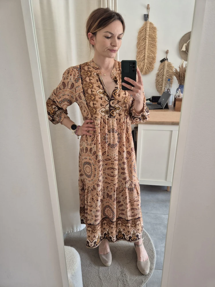 Etni -Midi boho sukienka na długi rękaw w etniczne wzory| 100% wiskoza