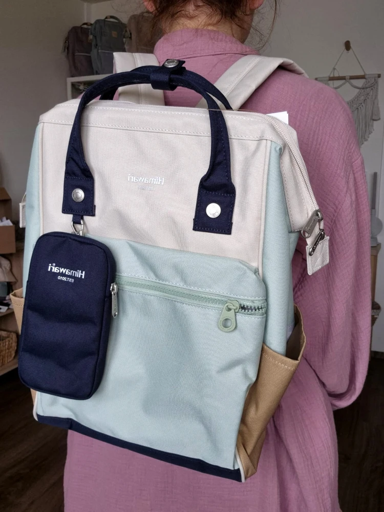 Wodoodporny plecak miejski unisex z uchwytem na walizkę - na podróż, do pracy, na wycieczkę, na uczelnię i do szkoły/ Kolor miętowo-granatowo-beżowo-brązowy
