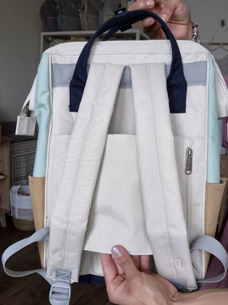 Wodoodporny plecak miejski unisex z uchwytem na walizkę - na podróż, do pracy, na wycieczkę, na uczelnię i do szkoły/ Kolor miętowo-granatowo-beżowo-brązowy