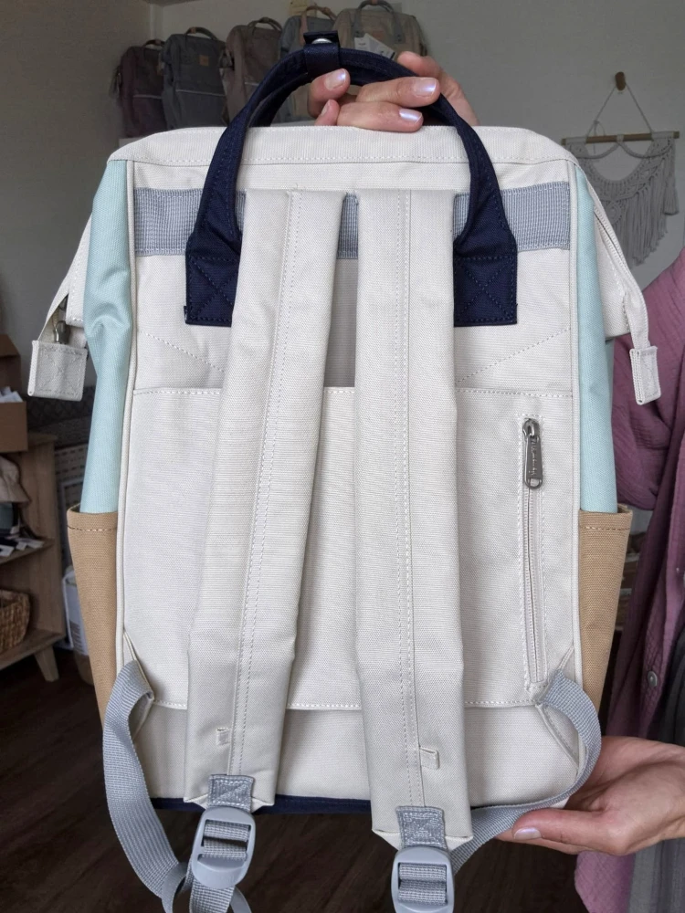 Wodoodporny plecak miejski unisex z uchwytem na walizkę - na podróż, do pracy, na wycieczkę, na uczelnię i do szkoły/ Kolor miętowo-granatowo-beżowo-brązowy